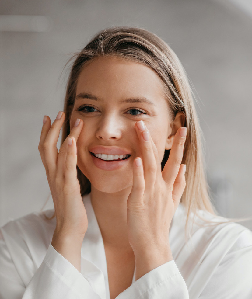 Photo of a blonde woman with great skin after microneedling with PRF treatments